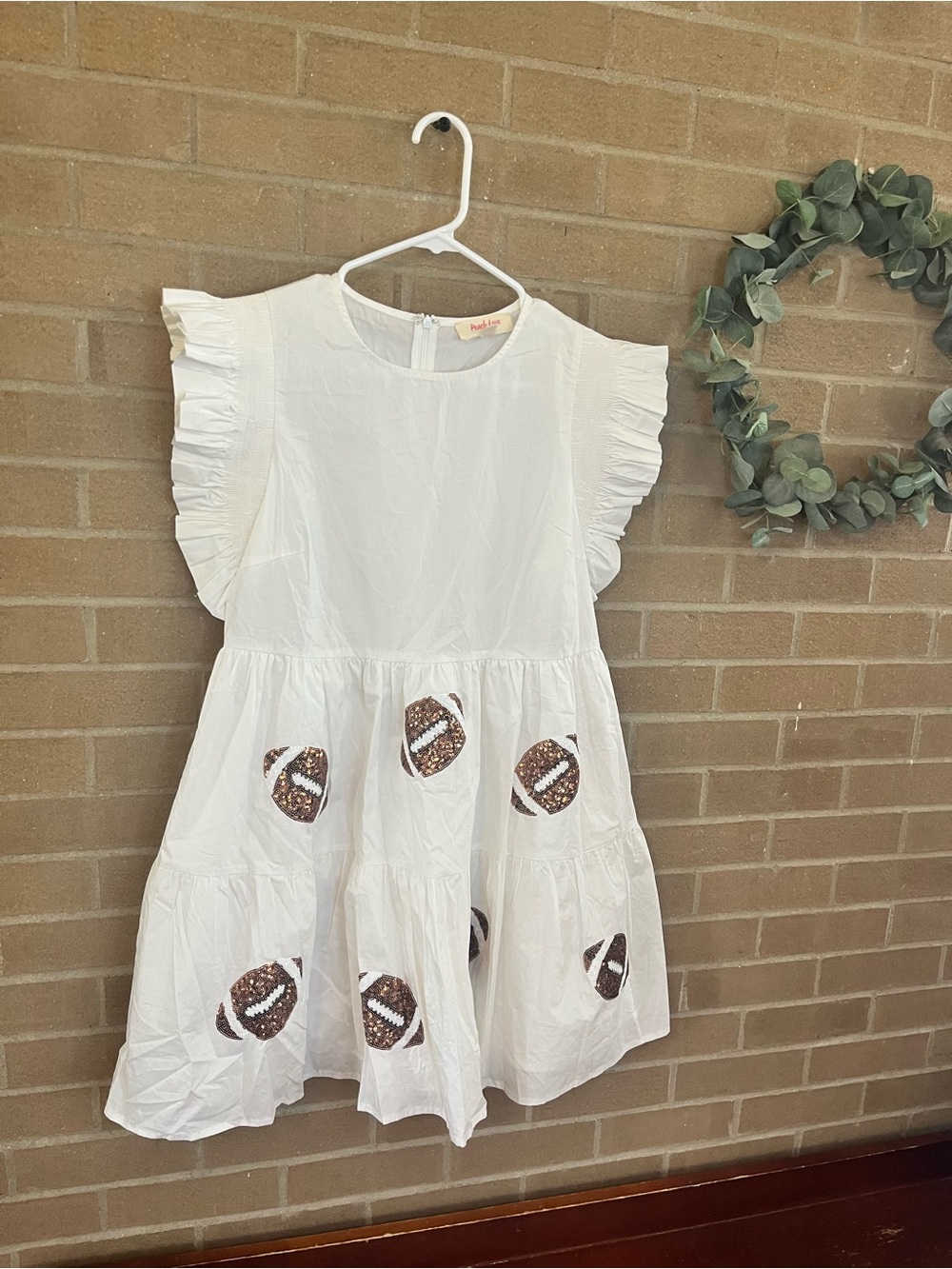 Peach Love California White Ruffle Sleeve Mini Dress with Football Appliqués - Picture 3 of 4